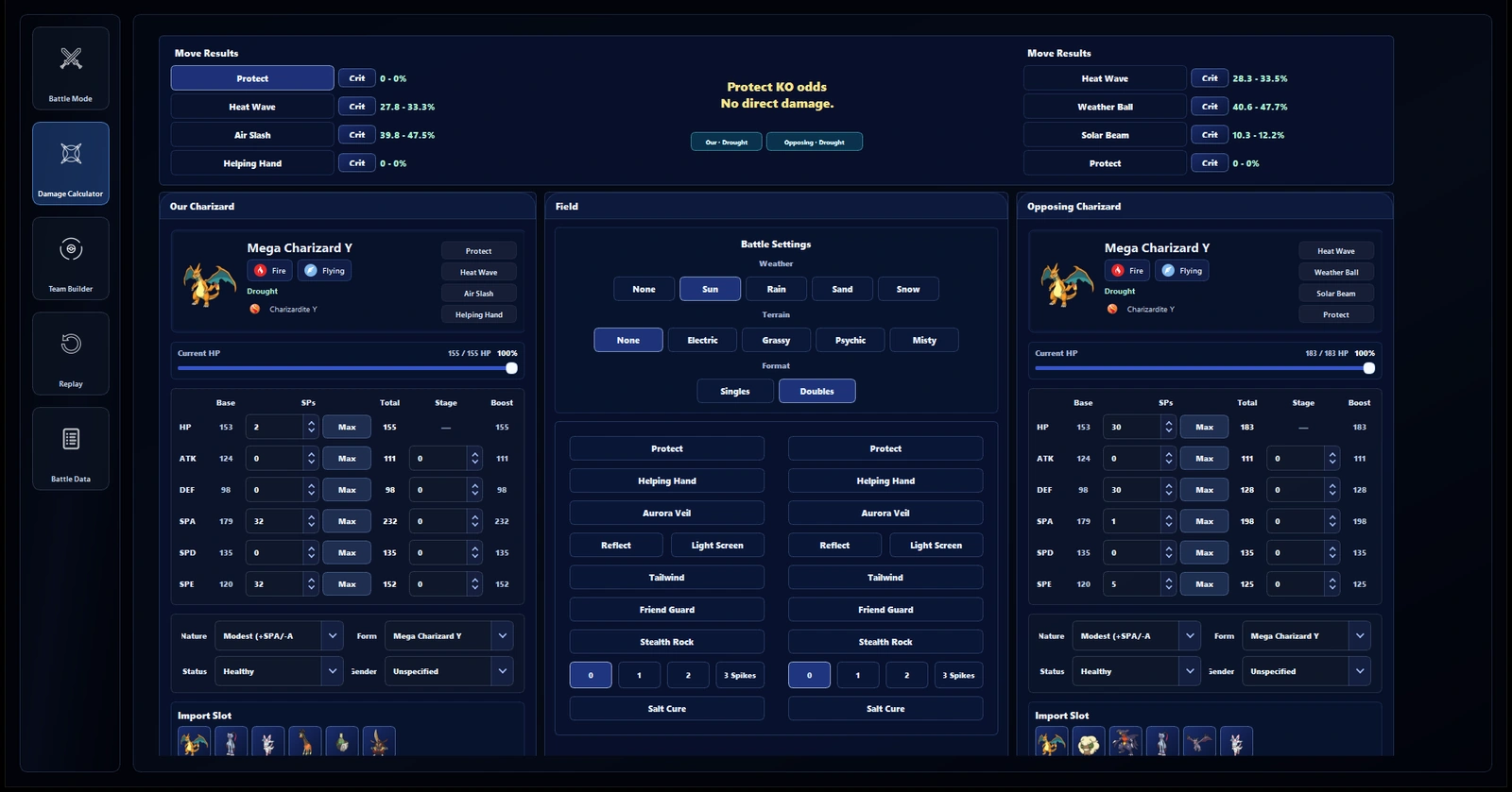 Damage calculator with move results, KO odds, and a field panel for weather, terrain, screens and hazards