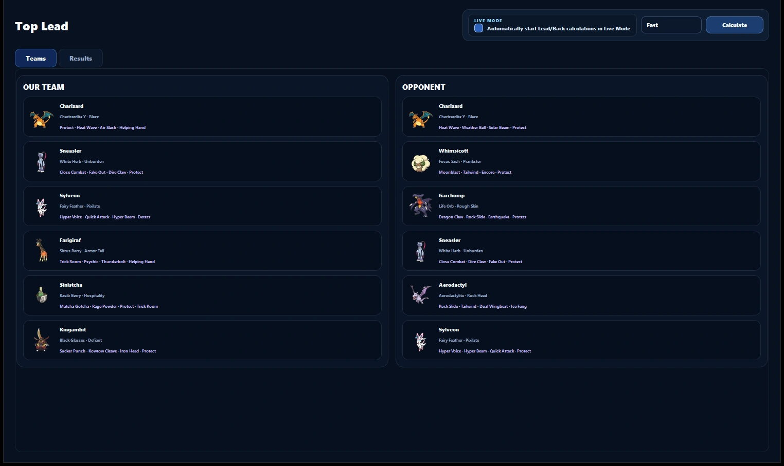Both teams filled in with items, abilities and movesets, with the Live Mode toggle set to recalculate automatically